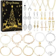 a christmas card with many different types of earrings and necklaces on display in front of it