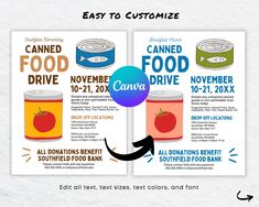 an advertisement for canned food drive is shown in this graphic design, with the caption's description below it