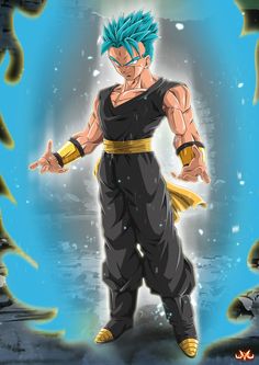 an anime character with blue hair standing in front of the ocean and holding his hands out