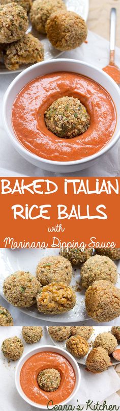 baked italian rice balls with marinara dipping sauce on top and in the background, there are