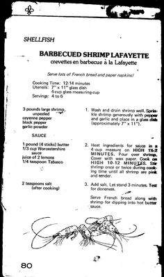 the instructions for how to make barbecue shrimp la payette with ingredients in french