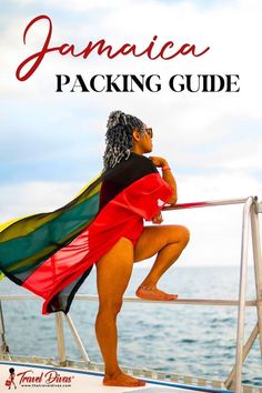 a woman sitting on top of a boat with the words jamaica packing guide in front of her