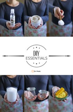 a woman is holding two jars with ingredients in them and the words diy essentials are