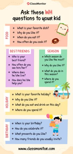 this pin has 'wh' questions to ask your child which are related to food, seasons, best friends, holidays & birthdays Conversation Questions For Kids, Teaching Conversation Skills, Kids Conversation Starters, Conversation For Kids, English Conversation For Kids, Conversation Starter Questions, English Conversation Learning