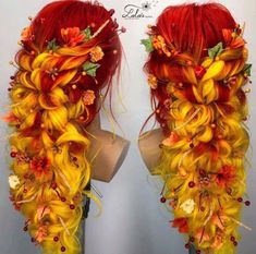 Fantasy Hair Colour Ideas, Fun Bright Hair Color Ideas, Fantasy Colors Hair, Fire Colored Hair, Fall Fantasy Hair Color, Fall Eladrin, Halloween Haircolor, Autumn Eladrin, Fire Wig