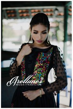 Vestido y blazer, bordado a mano, hecho en Oaxaca - Arellanos - Modelo Alexa - #miestiloarellanos #blackdress #vestidostipicos #formalouterwear #mexicanparty Engagement Dresses, Sleeve Blouse, Dress Outfits, Long Sleeve Blouse, Long Sleeve, Women's Top, Dresses, Clothes