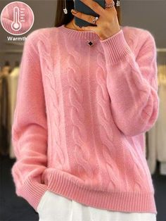 Shop Affordable Women Wool Half Turtleneck Cable Knit Sweater Winter Pullover Loose Daily Crew Neck Long Sleeve On Justfashionnow.com Soft Streetwear, Elegant Sweater, Raspberry Color, Estilo Chic, Knit Style, Casual Cardigans, Sweater Jumper, Fall Fabric, Knitted Jumper