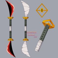 three different types of swords with gold accents