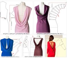 four different types of dresses on mannequins, with instructions to cut them