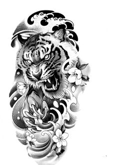 a black and white drawing of a tiger with flowers on it's back side