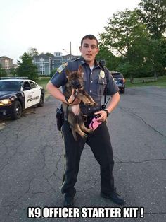 a police officer is holding a dog in his lap and the caption reads, k9 officer starter kit