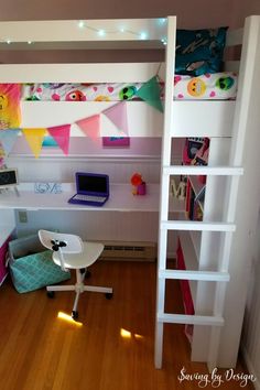 there is a loft bed with a desk and chair in the room next to it