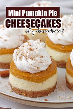 mini pumpkin pie cheesecakes on a white plate