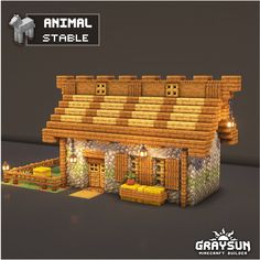 an animal stable made out of wood and stone, with lights on the outside windows