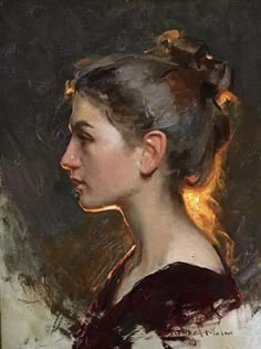 a painting of a woman in profile with her hair pulled back and eyes closed, looking to the side