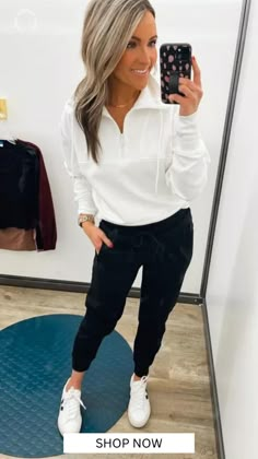 How to style jogger pants for a casual everyday outfit. Casual mom style for running errands with the kids or a casual school drop off outfit. This half zip hoodie is so comfy and cozy. Perfect comfy travel outfit or winter athleisure outfit. Shop this casual look now! #affiliatelink #ad Ways To Style Joggers Women, How To Style Jogging Pants, Petite Joggers Outfit, How To Style Adidas Joggers, Winter Jogger Outfits Women, Physical Therapy Outfit, Joggers Outfit Mujer, Casual Leggings Outfit Winter, Black Joggers Outfit Casual