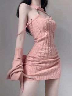 Ulzzang Girl Dress & Cardigan Set - Pastel Kitten Trendy Pink Mini Dress For Winter, Knit Two Piece Set, Knit Wrap Dress, Kawaii Fashion Outfits, Womens Knit Dresses, Pink Cardigan, Inspired Outfits, Really Cute Outfits, Edgy Outfits