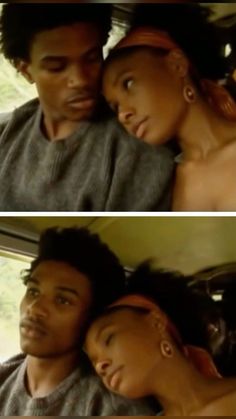 two pictures of a man and woman in the back seat of a car, one with her head on his shoulder