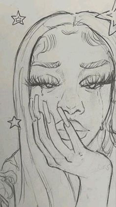 a drawing of a girl holding her hand up to her face with stars above her head