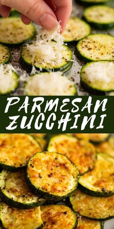 someone is sprinkling parmesan cheese on zucchini