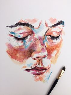 a watercolor drawing of a woman's face with her eyes closed