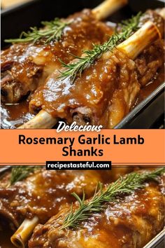 rosemary garlic lamb shanks with gravy in a pan