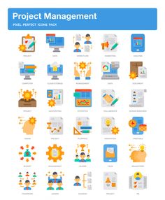 the project management icon set includes icons, such as tasks and instructions for creating projects