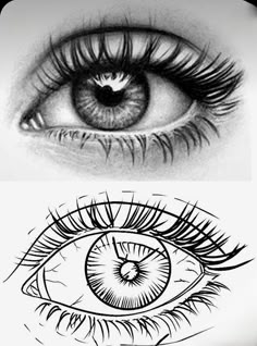 two different types of eye with long lashes and eyelashes on the bottom one is drawn in pencil