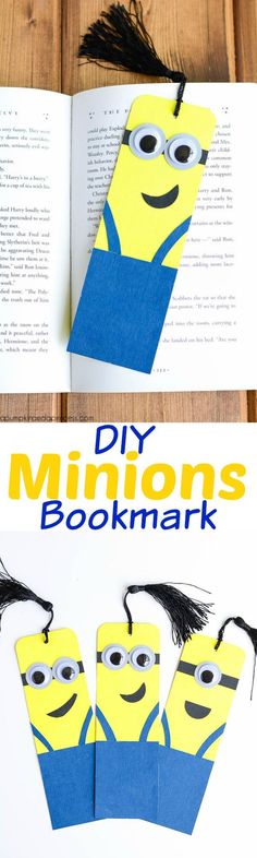 an open book with the title diy minionss bookmark on it