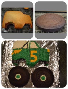 there are four pictures of cakes made to look like cars and trucks on tin foil