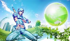 an image of a man holding a knife in front of a green earth and sky