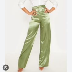 Prettylittlething Tall Olive Satin Wide Leg Trouser Size Usa 6 - Uk - Brand New With Tags But A Few Snags On Pants (See Pictures) Summer High Waist Satin Bottoms, Chic Green Satin Bottoms, Spring Satin Party Bottoms, Spring Party Satin Bottoms, Trendy Satin Bottoms For Summer, Summer Satin Full Length Pants, Fitted Satin Summer Pants, Summer Satin Full-length Pants, Summer Full-length Satin Pants