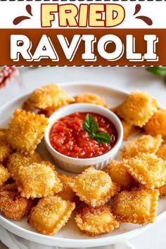 fried ravioli on a white plate with tomato sauce