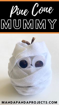 a white ball with googly eyes and the words pine cone mommy on it's side