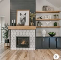 a living room filled with furniture and a fire place in front of a wall mounted fireplace