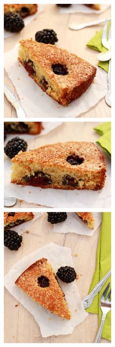 three different views of a cake with blackberries on it