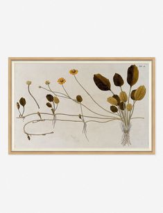 a painting with flowers and leaves in it on a white wall next to a brown frame