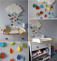 several pictures of clouds and raindrops hanging on the wall in a child's room