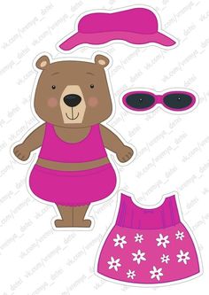 a paper cut out of a teddy bear wearing a pink dress and sunhat with sunglasses