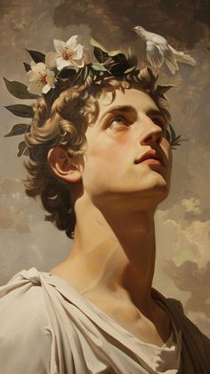 a painting of a young man with flowers in his hair, looking up at the sky