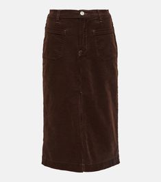 High-rise corduroy midi skirt in brown - Frame | Mytheresa Brown Denim Skirt, Skirt Png, Corduroy Midi Skirt, Skirt Aesthetic, Light And Dwell, Fall Palette, Brown Denim, High Rise Style, Mid Heel Sandals