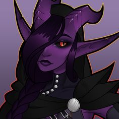 a woman with purple hair and horns on her head, wearing a black outfit in front of a purple background