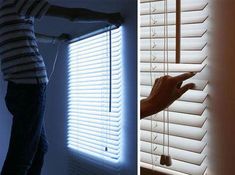 two pictures one showing blinds and the other shows someone pointing at something in front of them