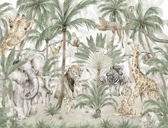 an animal themed wallpaper with zebras, giraffes and other animals