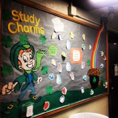 a bulletin board is decorated with stickers and magnets for st patrick's day