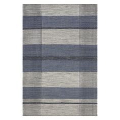 a rug with blue and grey stripes on the bottom, in front of a white background