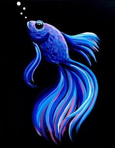 a painting of a blue and purple fish with a thought bubble in it's mouth