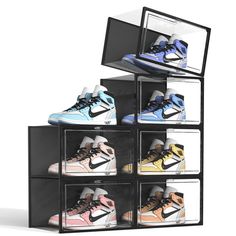 a display case with six pairs of sneakers in different colors and sizes on each shelf