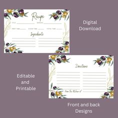 two place cards with flowers on them and the words, printable and back designs