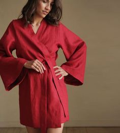 Handmade Linen Summer kimono Summer bathrobe Natural linen robe Bathrobe Red kimono Linen dress Line Red Spring Robe For Loungewear, Elegant Long Sleeve Red Robe, Red Elegant Long Sleeve Robe, Elegant Red Long Sleeve Robe, Red Long Sleeve Robe For Summer, Elegant Red Wrap Kimono, Red Long Sleeve Summer Robe, Long Red Summer Robe, Elegant Red Robe For Loungewear